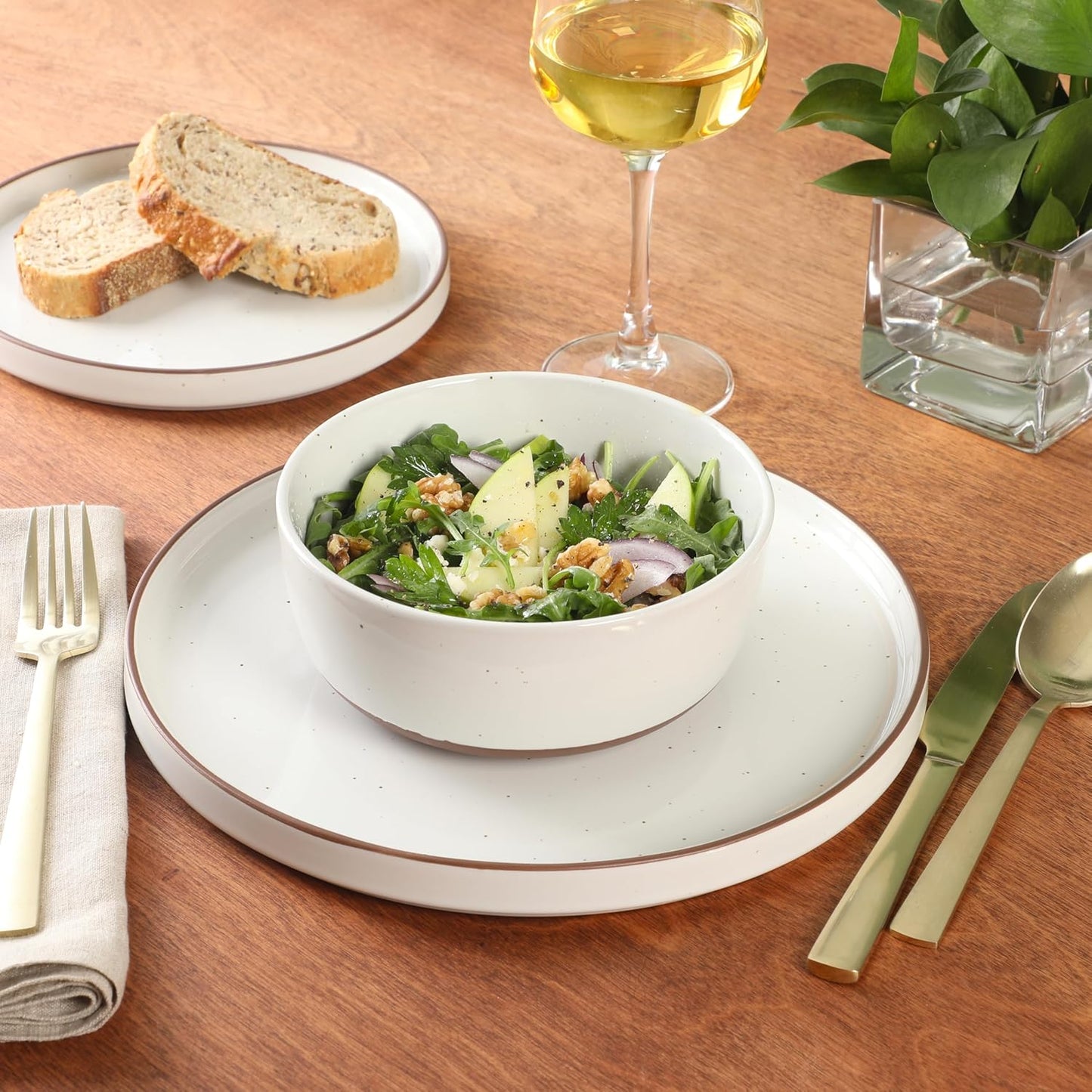 Gibson Elite Northrock Stoneware Dinnerware Set, 16-Piece Service for 4 Plates and Bowls Set – White Dishes with Hand-Painted Terracotta Base