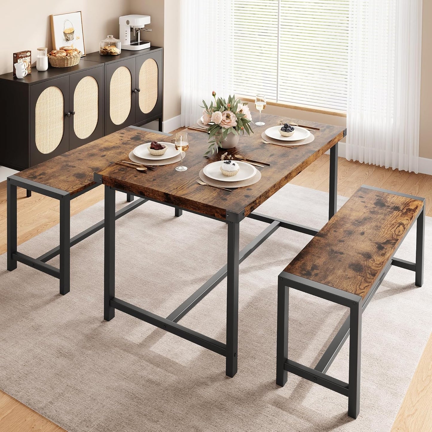 Dining Table Set for 4 with 2 Benches, 3-Piece Kitchen Table Set, Space-Saving Dining Set for Kitchen, Dining Room, Brown