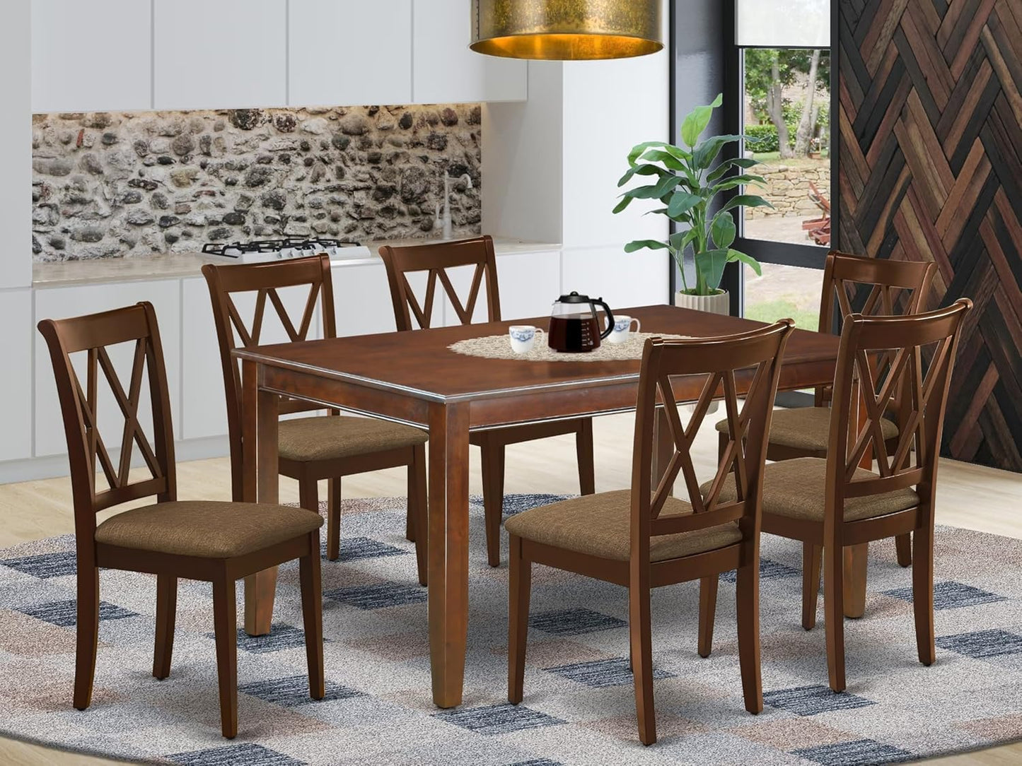 East West Furniture DUCL7-MAH-C 7 Piece Dining Set Consist of a Rectangle Dinner Table and 6 Linen Fabric Kitchen Dining Chairs, 36x60 Inch, Mahogany