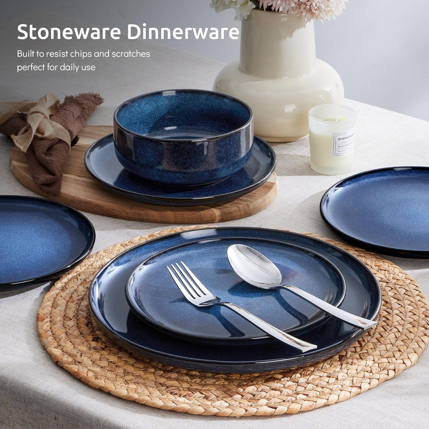E-far 18-Piece Plates and Bowls Set, Dinnerware Sets for 6, Reactive Glaze Stoneware Dishes Dinning Ware, Microwave & Dishwasher Safe - Deep Sea Blue