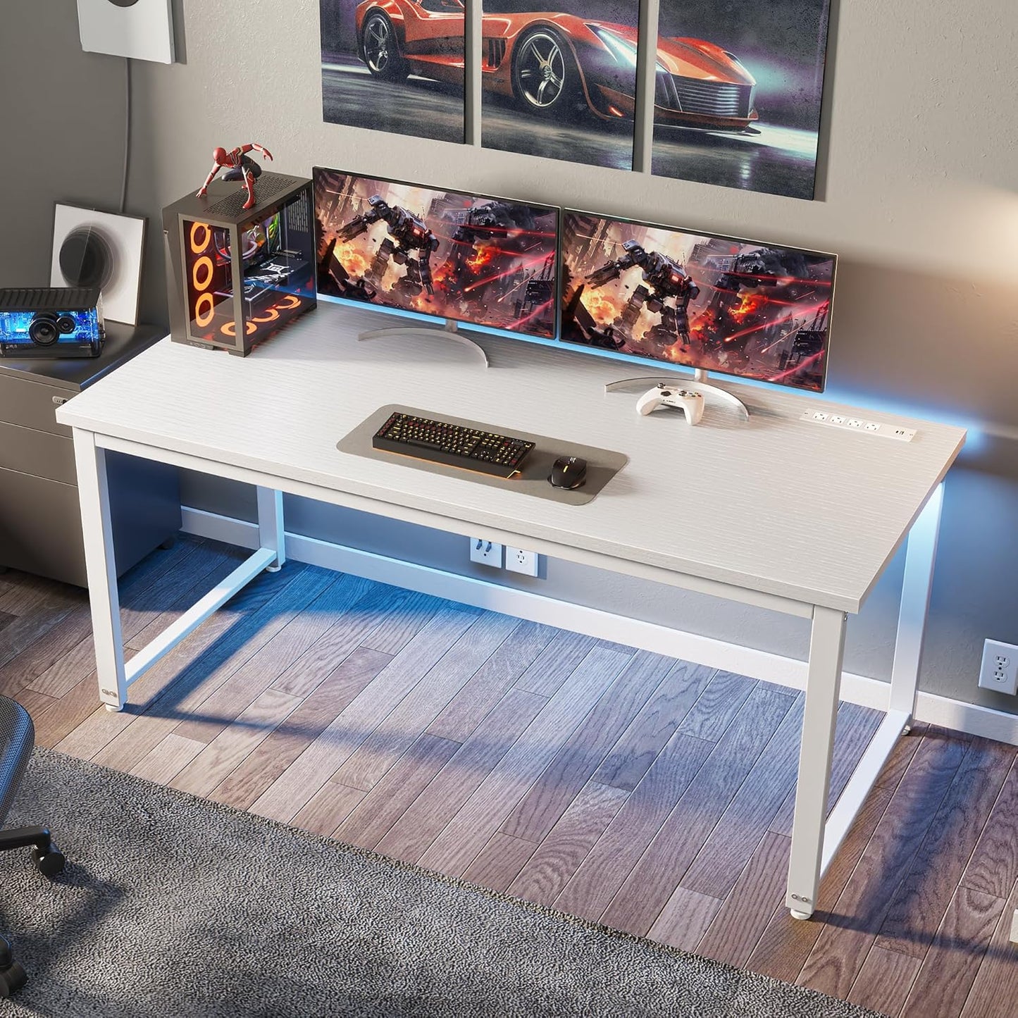 Huuger 55 x 24 inch Desk with Power Outlets & USB-C, Deeper & Thicker Desktop, Robust Metal Tubes, Computer Desk, Heavy Duty Office Desk, Work Gaming Desk for Home Office, White