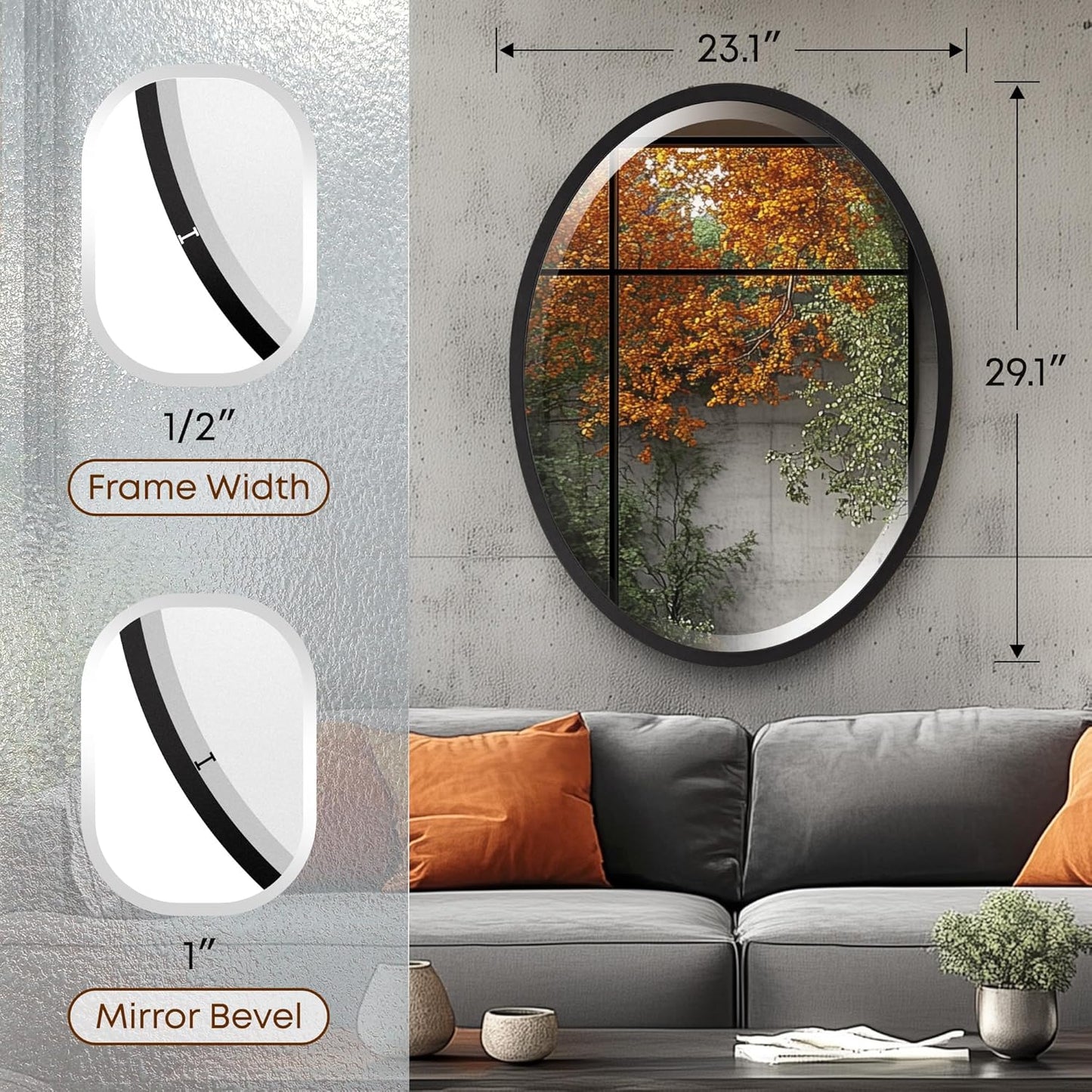 OVALCREST - Oval Wooden Beveled Wall Mirror for Home Decor, Bathroom, Vanity, Bedroom, Living Room, Hallway - London Style (Matte Black) 23.1 x 29.1