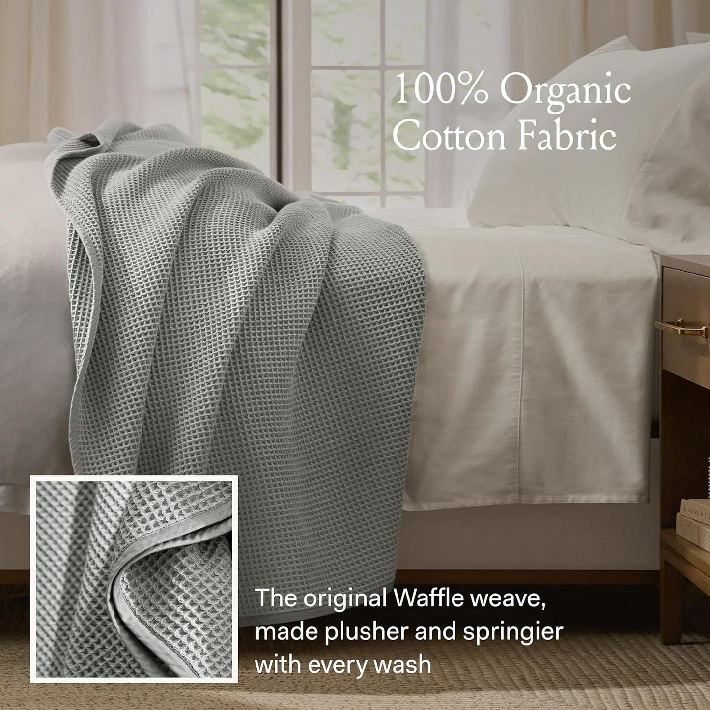 BOLL & BRANCH Waffle Bed Blanket - King/Cal King, Shore - Luxury 100% Organic Cotton - Soft, Lightweight and Breathable - Textured Waffle Weave Design