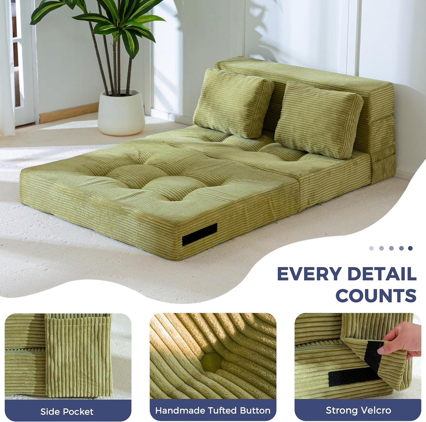 MAXYOYO Convertible Sofa Bed, Fold Out Sleeper Sofa with Pillow, 4 in 1 Tufted Folding Couch Bed Foam Floor Couch, Lazy Chair for Living Room Bedroom Guest Room, Green