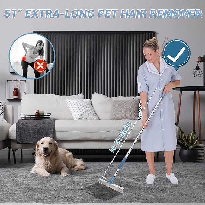 7 in 1 Carpet Rake for Pet Hair Removal with 51” Adjustable Pet Hair Removal Broom for Rugs, Mats and Couch