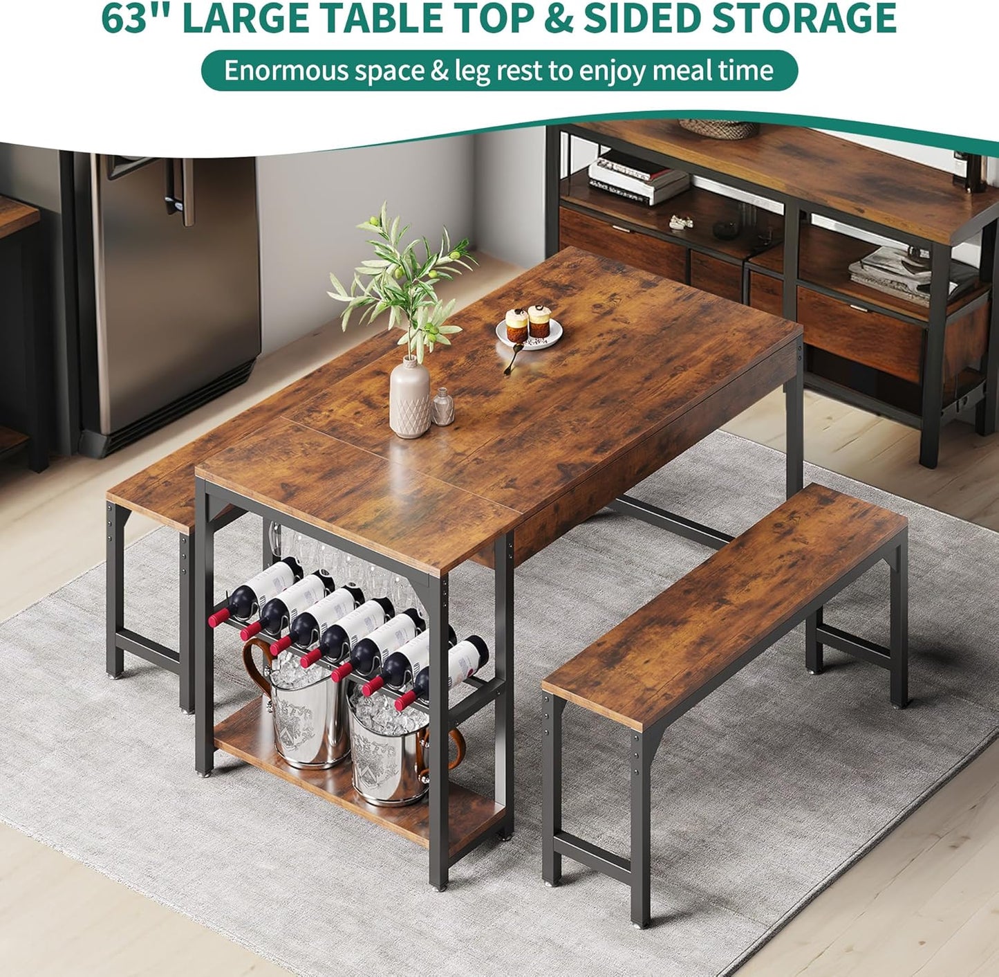 YITAHOME 63" 3 Piece Kitchen Dining Table Set for 4 with Bench & Storage, Farmhouse Rectangle Dining Room Dinner Table with Wine & Glass Holder for Space Saving Brown
