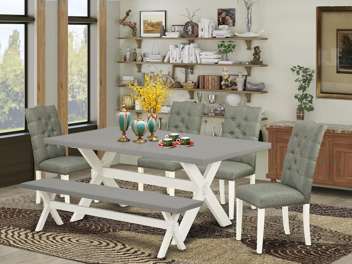 East West Furniture X097EL207-6 6 Piece Kitchen Table Set Contains a Rectangle Dining Table with X-Legs and 4 Gray Linen Fabric Parson Chairs with a Bench, 40x72 Inch, Multi-Color