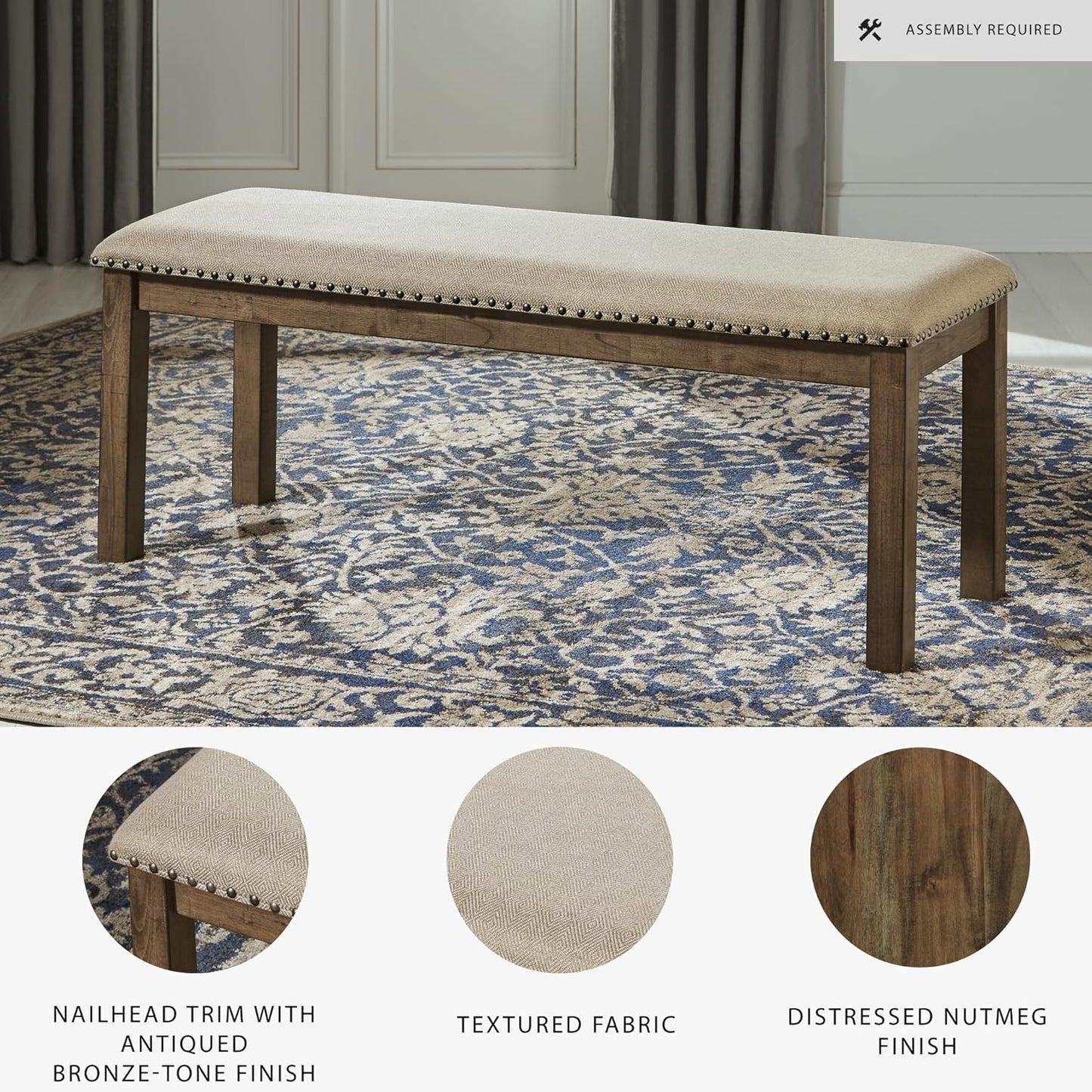 Signature Design by Ashley Moriville Casual Rustic Upholstered Dining Bench, Grey & Brown
