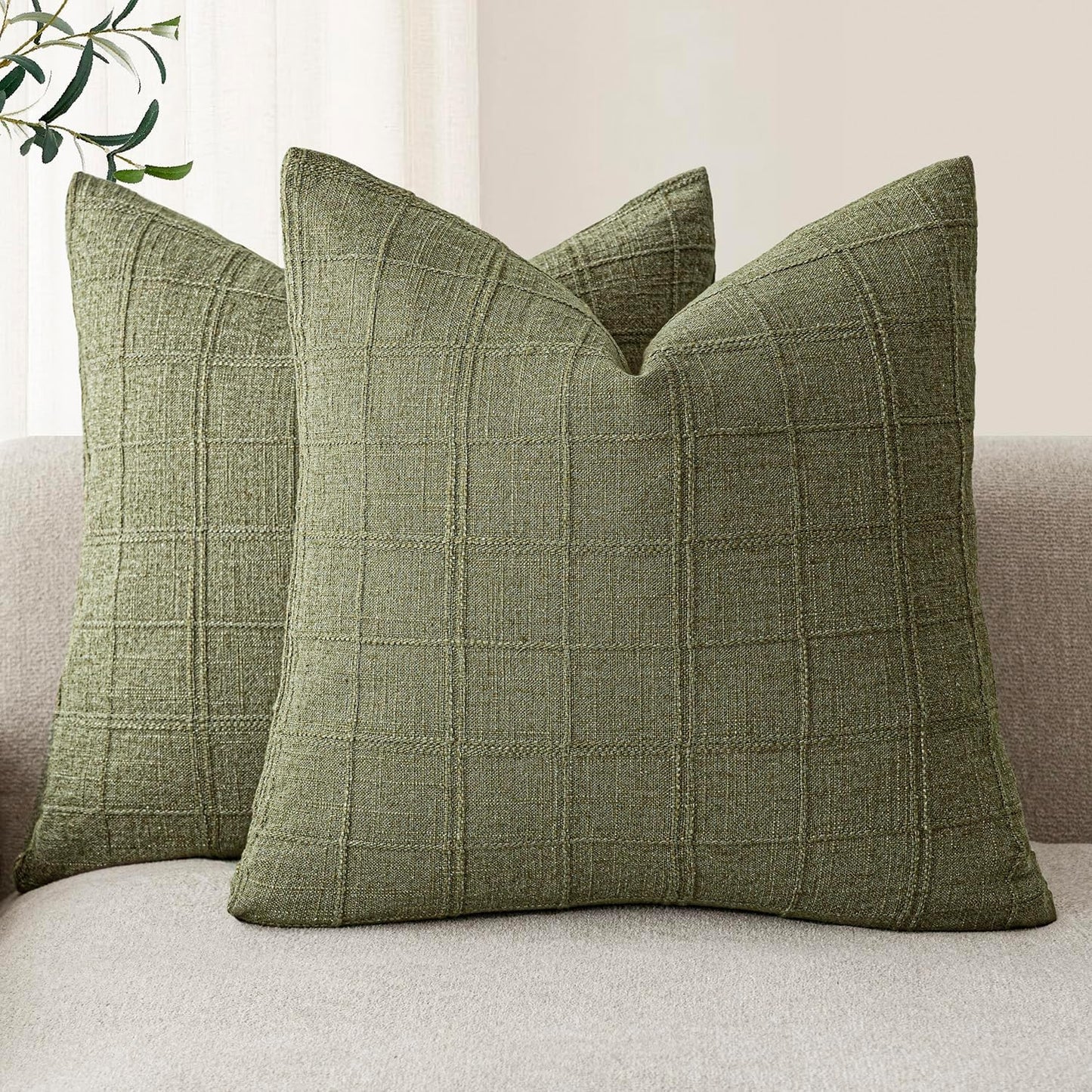 Foindtower Set of 2 Decorative Linen Check Throw Pillow Covers Neutral Farmhouse Vintage Cushion Covers Modern Boho Home Decor for Sofa Chair Couch Bedroom Living Room Outdoor,26×26 Inch,Sage Green