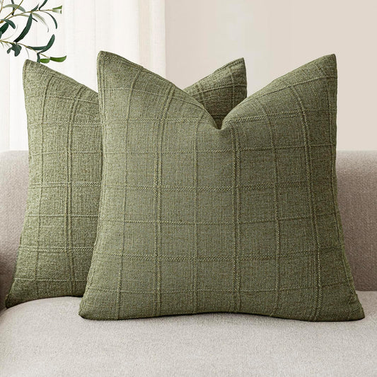 Foindtower Set of 2 Decorative Linen Check Throw Pillow Covers Neutral Farmhouse Vintage Cushion Covers Modern Boho Home Decor for Sofa Chair Couch Bedroom Living Room Outdoor,26×26 Inch,Sage Green