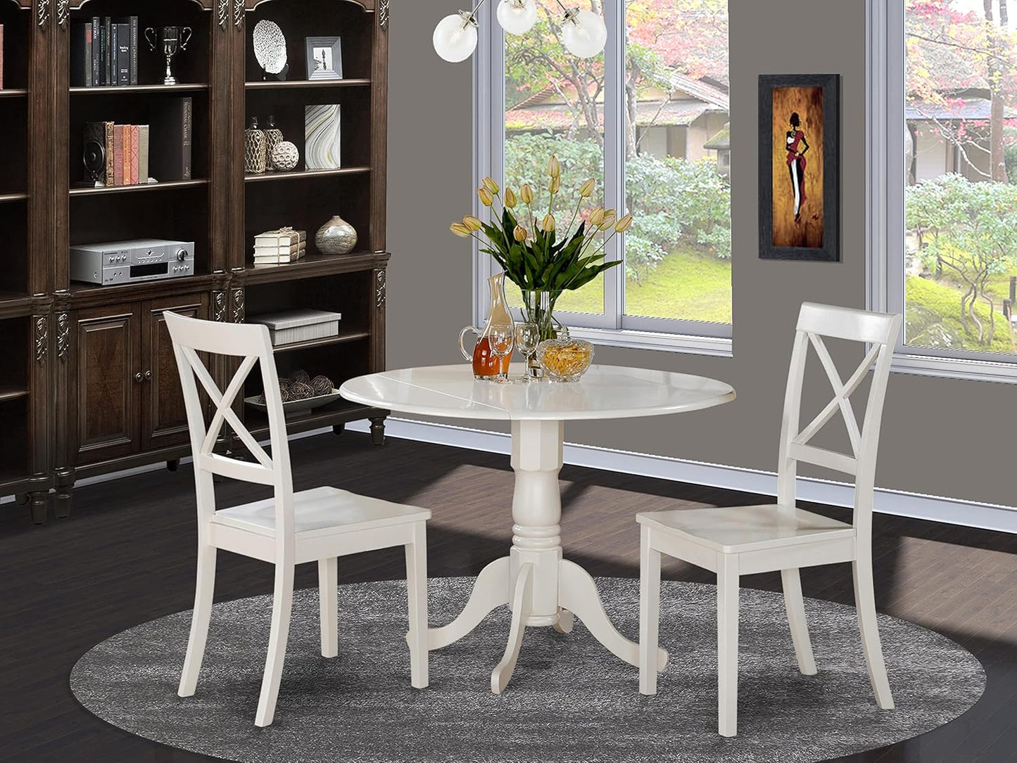 East West Furniture DLBO3-WHI-W 3 Piece Dining Room Table Set Contains a Round Kitchen Table with Dropleaf and 2 Dining Chairs, 42x42 Inch, Linen White