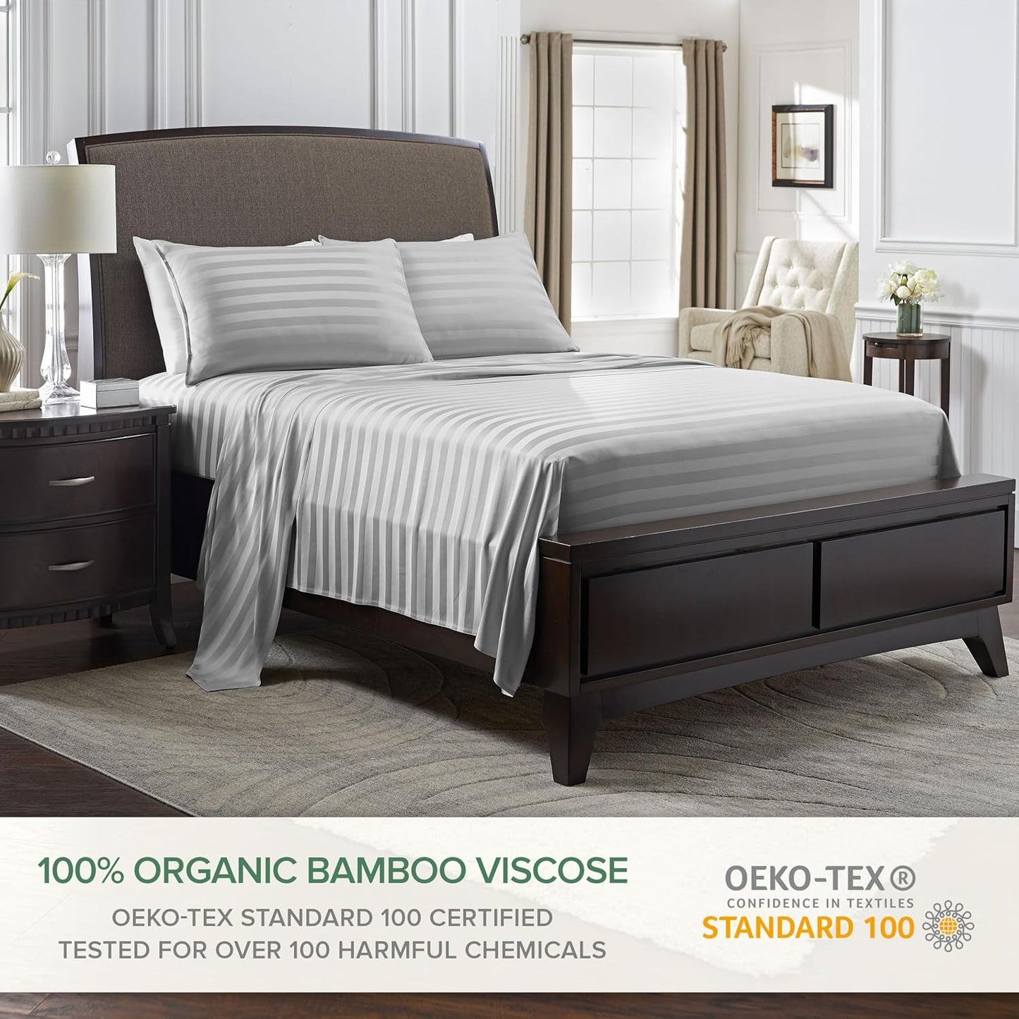 Twin Sheets by Pure Bamboo, Genuine 100% Organic Viscose Derived from Bamboo Bed Sheet Set, Luxuriously Soft & Cooling, Double Stitching, Lifetime Quality Promise (Twin, Jacquard Silver)