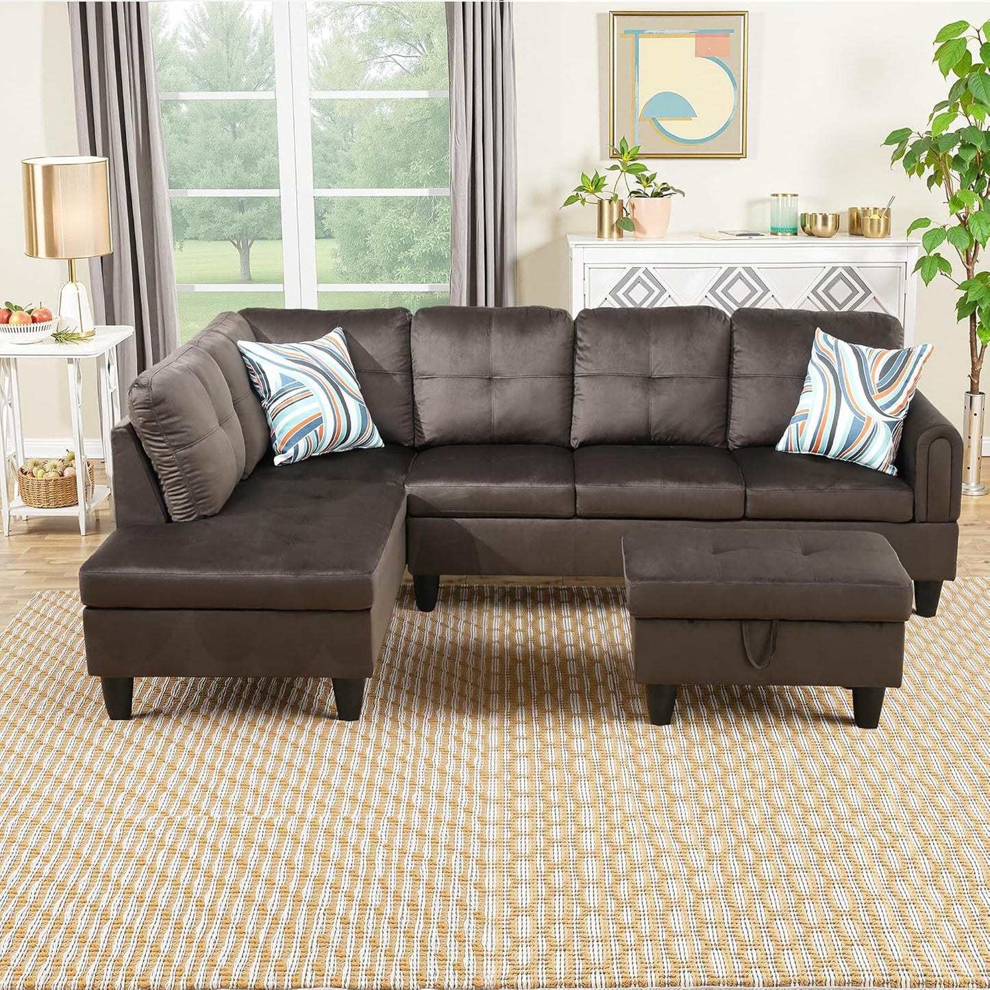 Osparple L Shaped Couch Sectional Couches for Living Room Upholstered Flannel 3 Pieces Modular Sectional Sofa with Chaise, Ottoman with Storage for Living Room and Small Apartment, Dark Brown