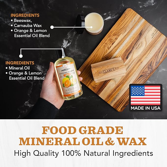 CLARK'S Food Grade Mineral Oil (12oz) and Carnauba Wax (6oz) Set - 100% Natural Butcher Block Oil and Cutting Board Wax - Food Safe Beeswax and Wood Cutting Board Oil with Orange & Lemon Extract