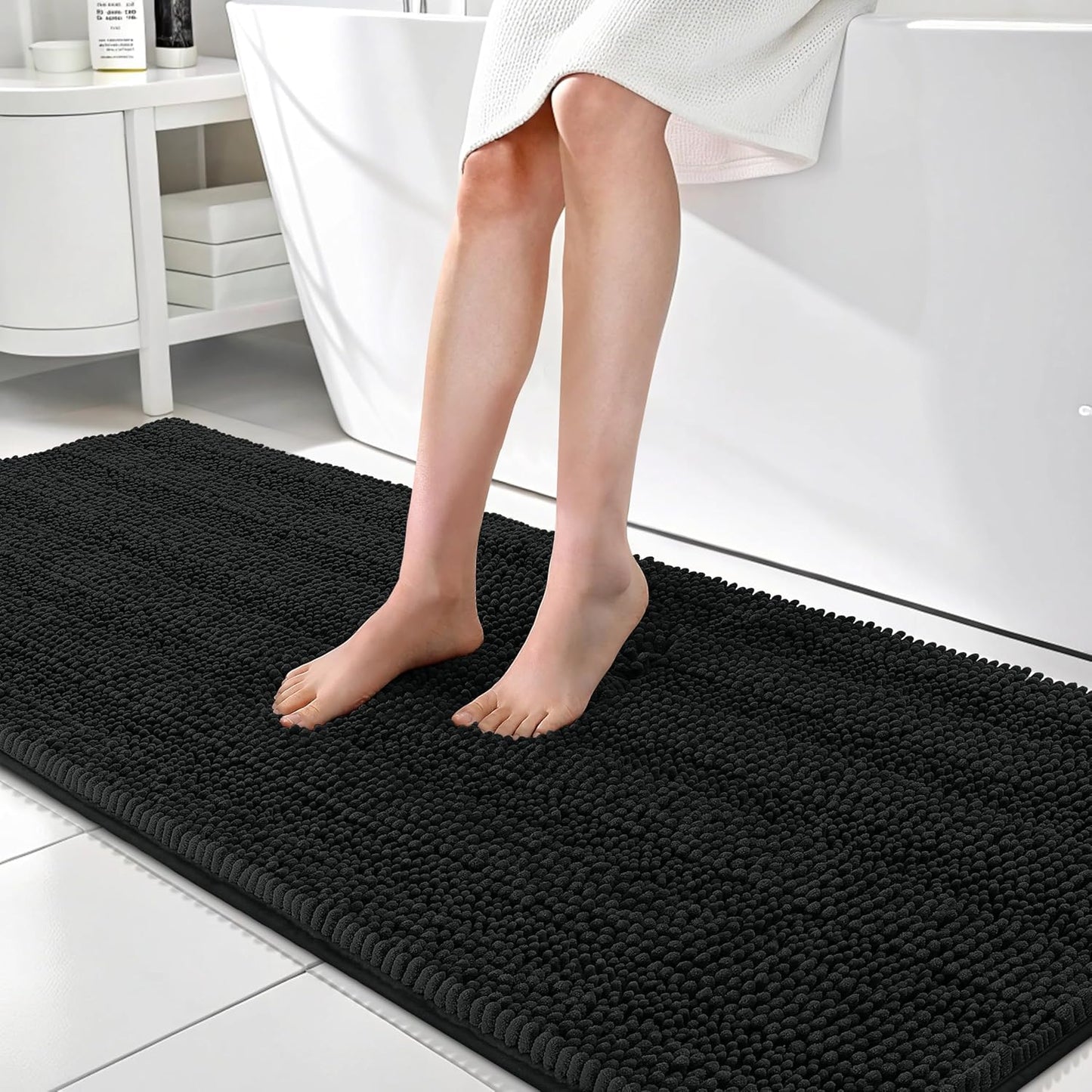 OLANLY Thick Bathroom Rugs 70x24, Extra Soft Absorbent Chenille Striped Bath Rugs, Rubber Backing, Machine Wash Dry, Bath Mats for Bathroom Floor, Tub and Shower, Home Decor Accessories, Black