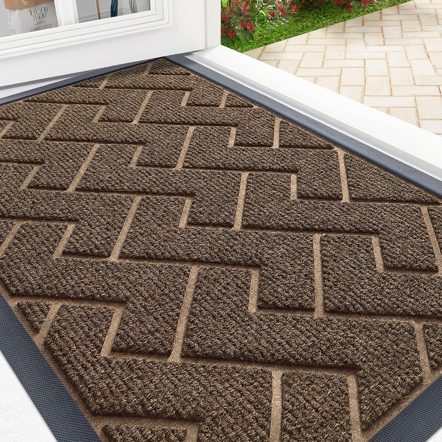 OLANLY Front Door Mat Indoor Outdoor Entrance, Waterproof All-Season, All-Weather Doormat, Sturdy Natural Rubber, Low Profile, Easy Clean Patio Porch Entryway Mat, Herringbone Brick (Brown, 71x23)