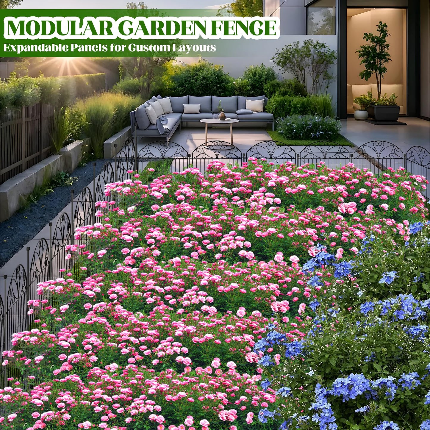 12 Panels No Dig Garden Fence with Gate, 32" H x 22.4ft, Decorative Metal Animal Barrier Dog Fence Outdoor for Yard, Walk-Through Iron Fencing for Flower Bed, Patio & Lawn