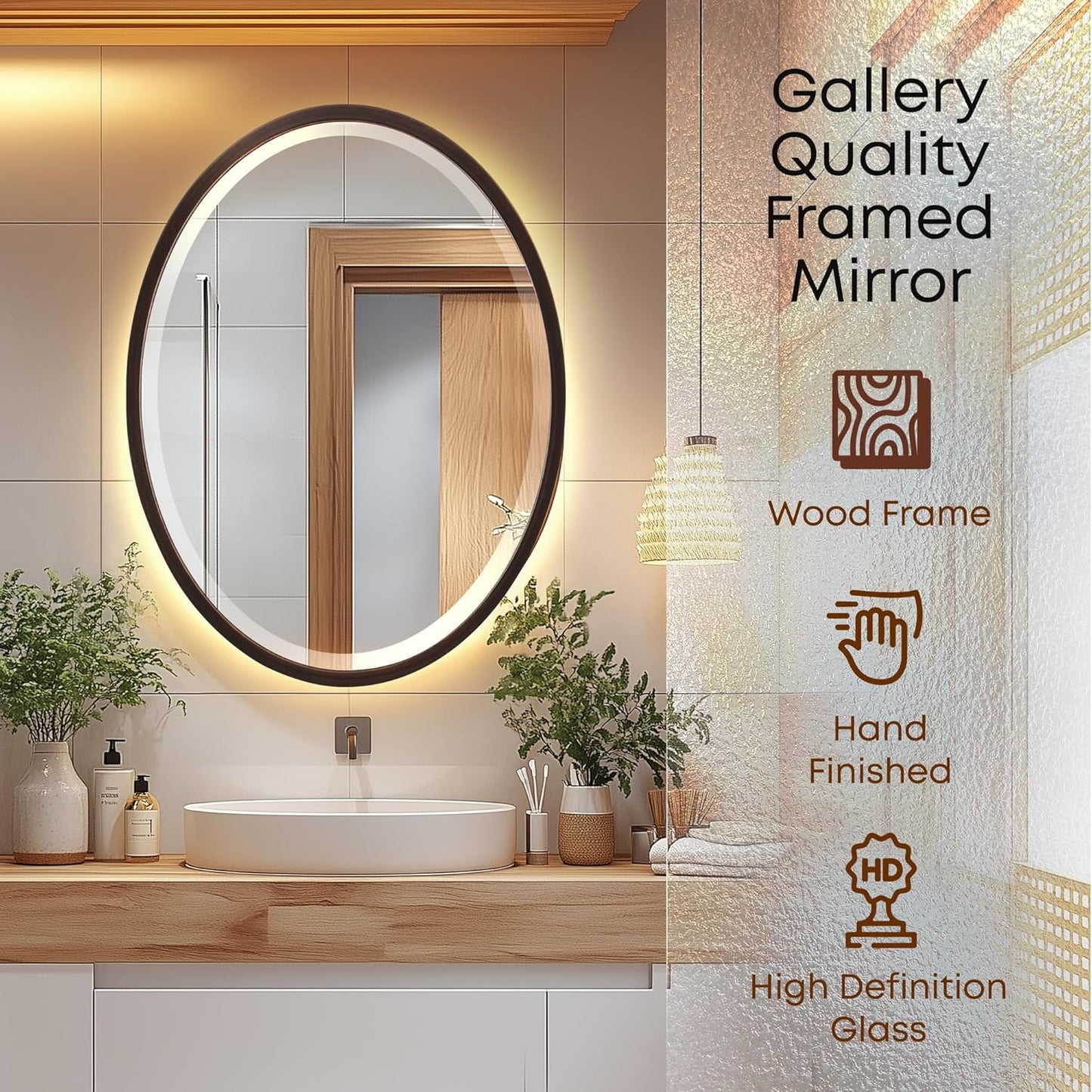 OVALCREST - Oval Wooden Beveled Wall Mirror for Home Decor, Bathroom, Vanity, Bedroom, Living Room, Hallway - London Style (Rubbed Bronze) 19.1 x 25.1