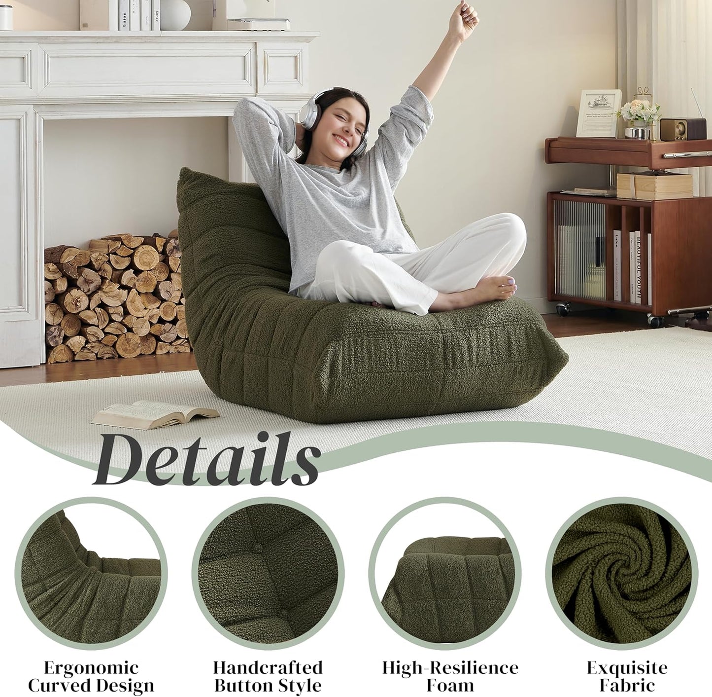 Bean Bag Chair, Fireside Chair Bean Bag Sofa for Adults, Bean Bag Chairs for Teens with High-Resilience Foam, Memory Foam & Non-Slip Base Bean Bag for Living Room, Bedroom, Office (Teddy, Green)