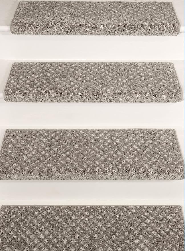 Oak Valley Designs™ Rounded Bullnose Carpet Stair Treads - Anti Slip Indoor Stair Mats for Wooden Stairs, Style: Bayside Charm, Light Grey 27" W X 9.75" D (Set of 14)