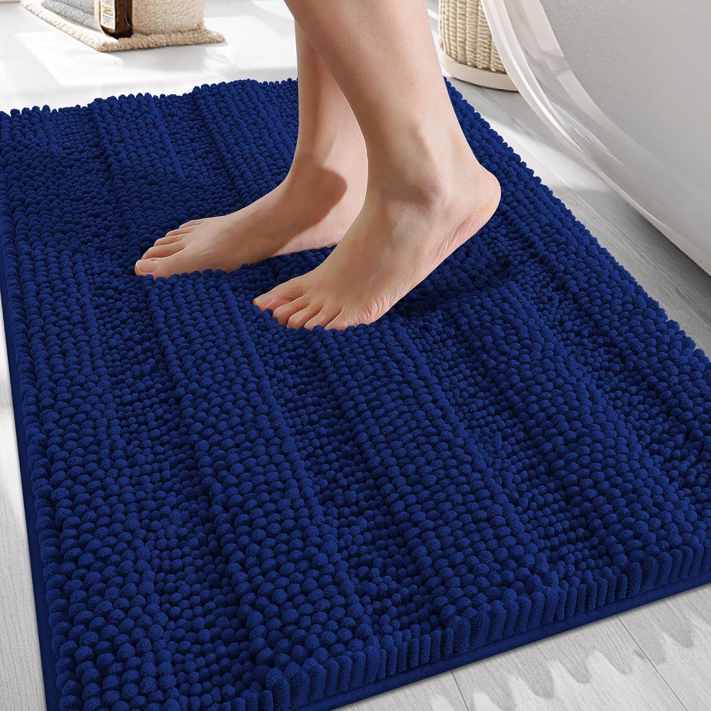 OLANLY Thick Bathroom Rugs 30x20, Extra Soft Absorbent Chenille Striped Bath Rugs, Rubber Backing, Machine Wash Dry, Bath Mats for Bathroom Floor, Tub and Shower, Home Decor Accessories, Navy