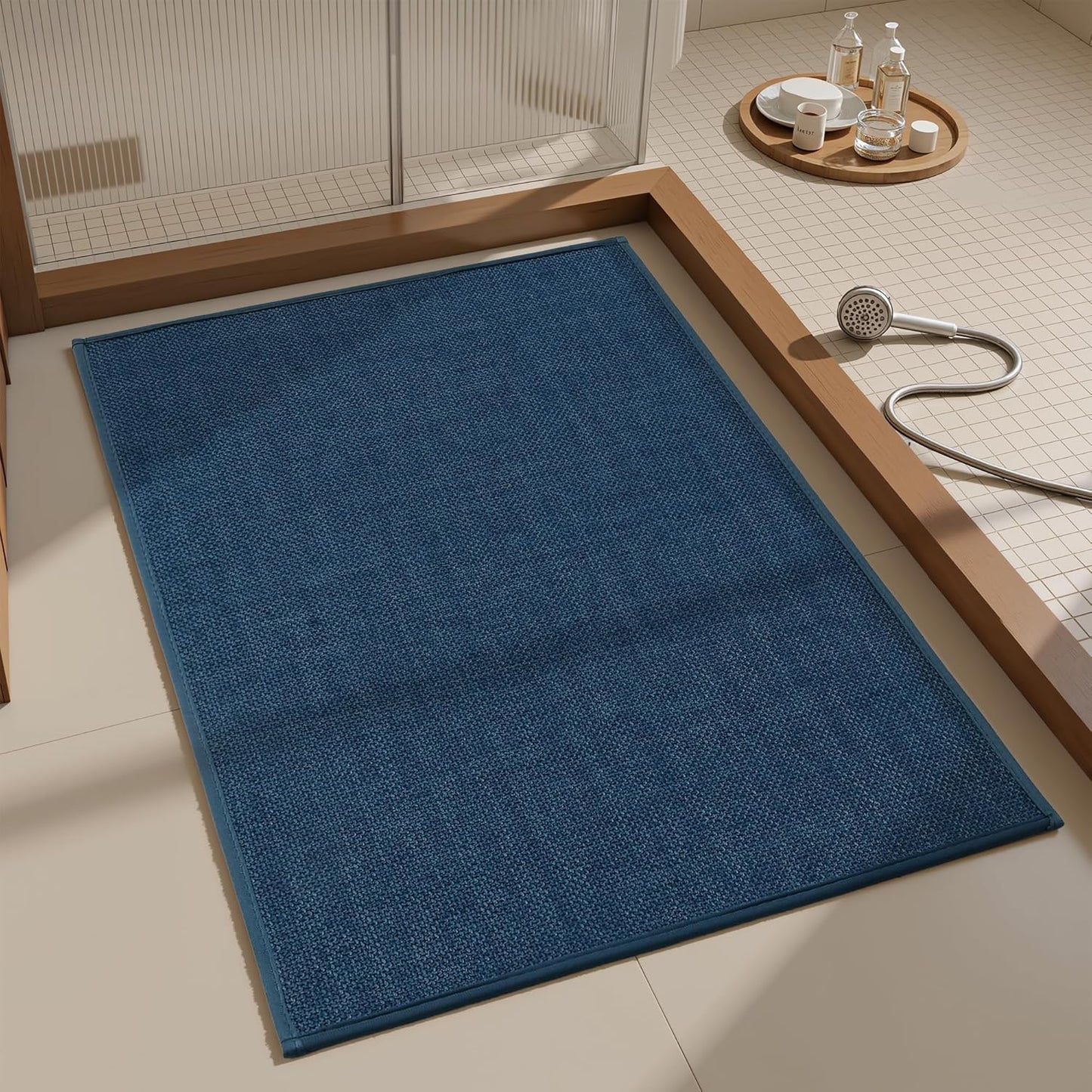 Mecko Bath Mat, Ultra Absorbent Quick Dry Bathroom Floor Mats-Upgraded Thin Cozy Cloth Bathroom Mat(Navy Blue,20"x32")
