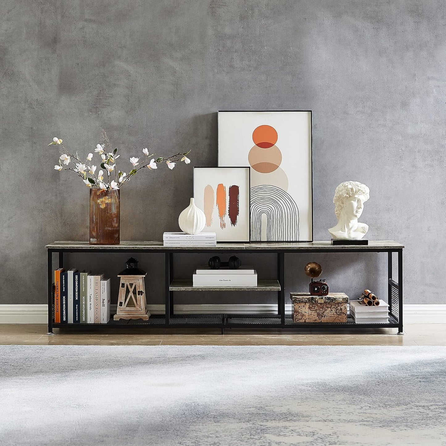 VECELO Industrial TV Stand for Televisions up to 80 Inch, 70" Entertainment Center with Open Storage Shelves for Living Room/Bedroom, 3 Tiers Media Console Table with Metal Frame, Grey, 70 Inches