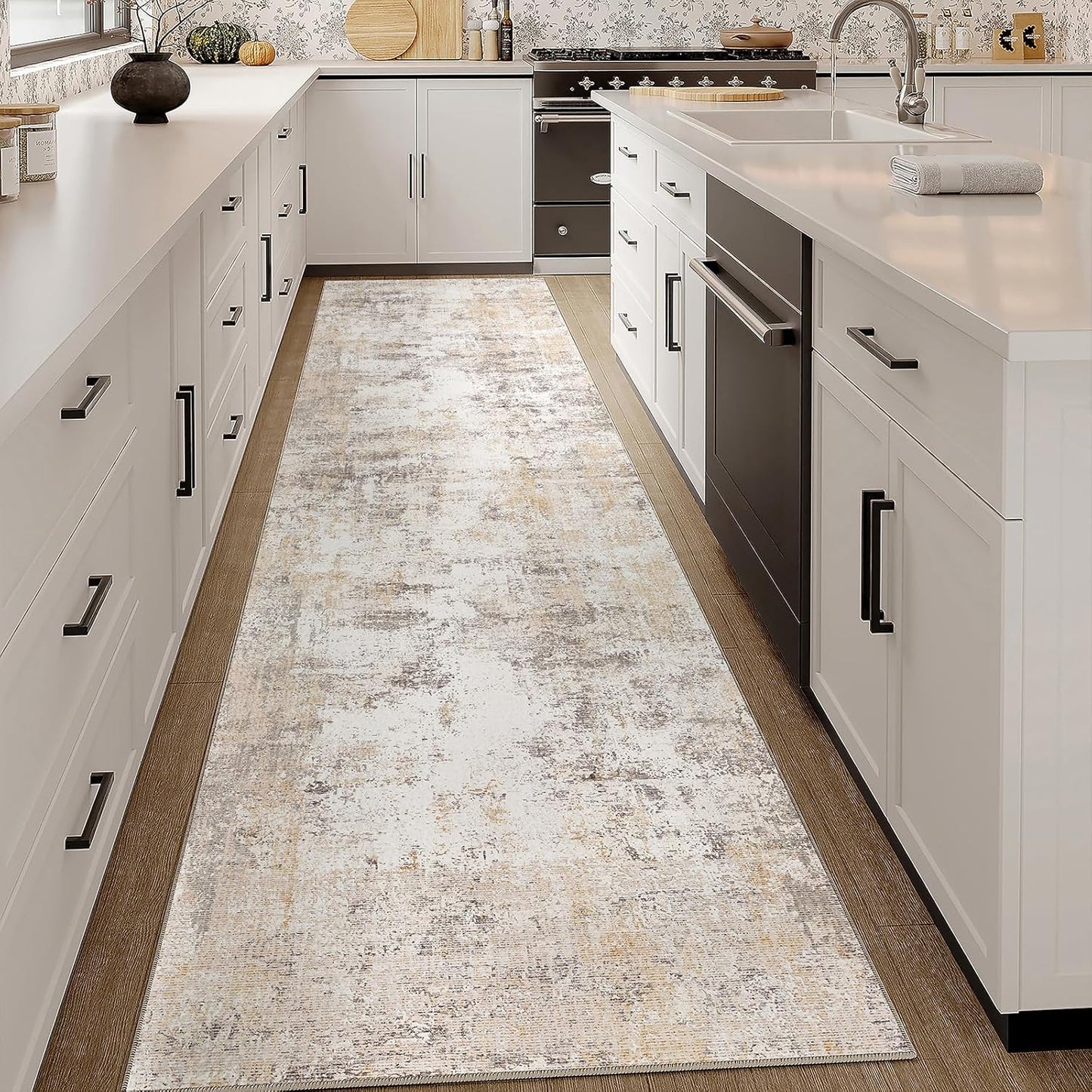 3x7 Washable Runner Rug Beige Grey Neutral Abstract Hallway Kitchen Living Room Bedroom Non Slip Throw Rug Soft Low Pile Indoor Carpet for Entrance Laundry Bathroom