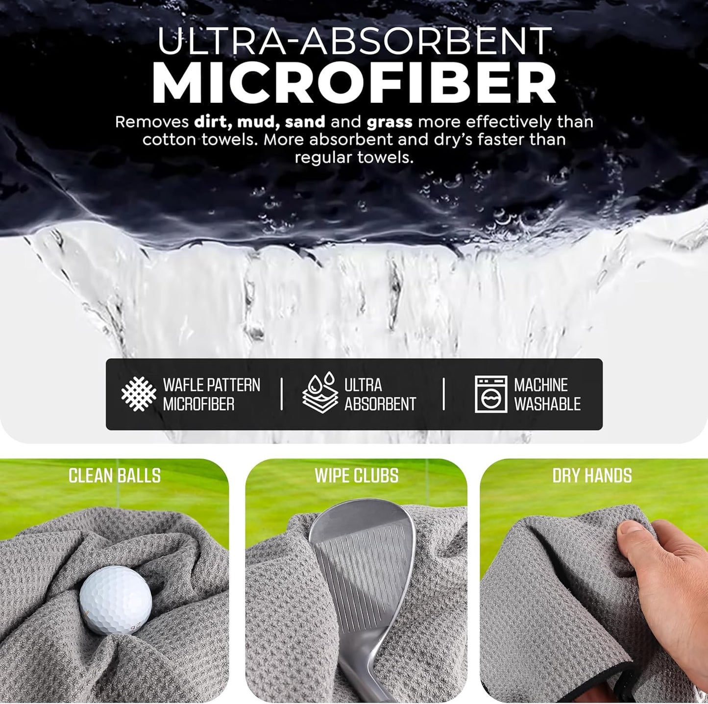 Golf'N Microfiber Towel - Magnetic Golf Towel Black 18" x 18" Golf Towels for Golf Bags with N52 Heavy Duty Magnets, Carabiner Clip & Cross Stitched Reinforced Loop, Premium Golf Accessories