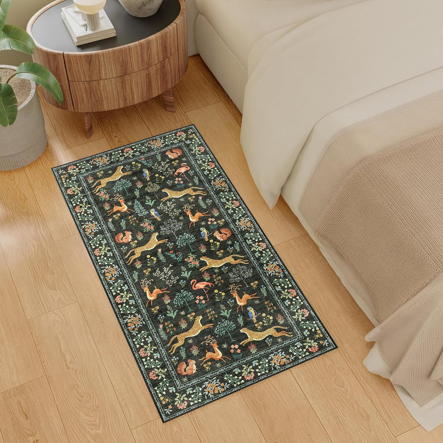 DUKINO 2x4 Rug for Hallway, Washable Kitchen Runner Rug with Non Slip Backing, Soft Low Pile Vintage Animal Runner for Bedroom, Kitchen, Hallway, Entryway, Laundry, Black