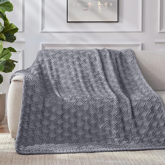 Knitted Weighted Blanket for Adult, Chunky Knit Weighted Throw for Sleep 50"*60" 7lbs, Cooling Breathable Heavy Blanket for Hot Sleepers, Machine Washable Blanket for Room Decor(Light Grey)