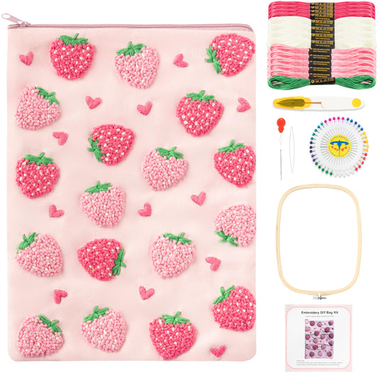 Fiupan All-in-One Strawberry Embroidery Kit - DIY Craft Kit with Thread, Fabric & Needles, Pink Embroidery Pouch for Tablet E-Reader Sleeve, Creative Birthday Gifts for Beginners（7-8 Inch）