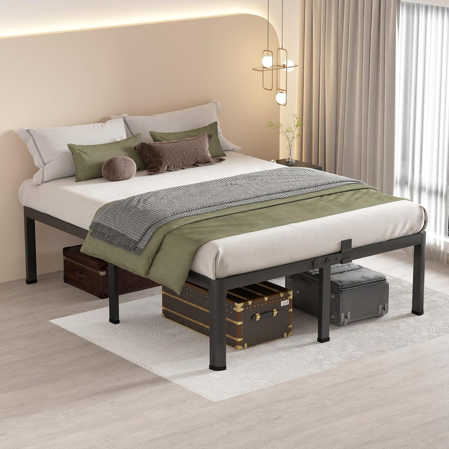 MAF 16 Inch King Size Bed Frame with Round Corner Legs Mattress Slide Stopper No Box Spring Needed Heavy Duty Metal Platform Bed Frames Under-Bed Storage Space, 3000 LBS Steel Slats Support