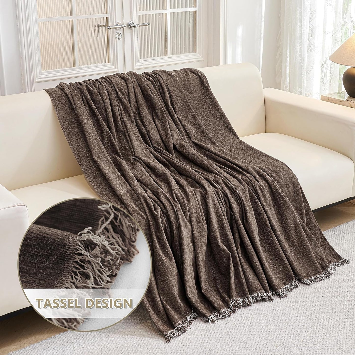 MYSKY HOME Couch Covers for 2 Cushion Couch Sectional Sofa, L Shape Sofa Protector Deep Chocolate Chenille Couch Cover, Sofa Covers Washable Blanket with Tassel Pet Couch Cushion Cover, 71"X102"