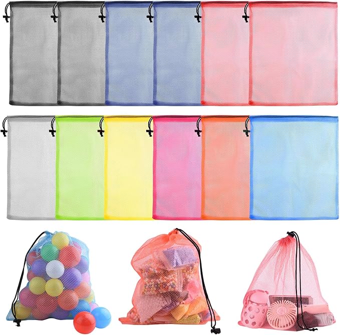 PLULON 12 Pcs Mesh Bag Drawstring Mesh Laundry Bags, 13 x 15.5 Inch Nylon Drawstring Bag for Pool Beach Ball Toys Storage Bag for Collecting Travel Sports Gym (Multicolor)