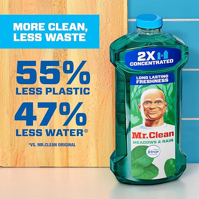 Mr. Clean All Purpose Cleaner, Floor Cleaner for Mopping Home, Bathroom, & Kitchen, Cleaning Liquid for Mop & Bucket, Cleaning Supplies, Multi-Surface Dilutable, Meadows & Rain, 41oz (Pack of 4)