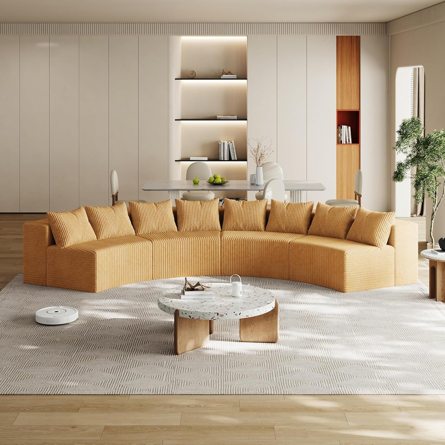 KEIKI Corduroy Curved Sectional Sofa, 4 Seater Symmetrical Modular Semi Circular Couch, Deep Seat Tufted Corner Sofa for Living Room, Lobby, Yellow