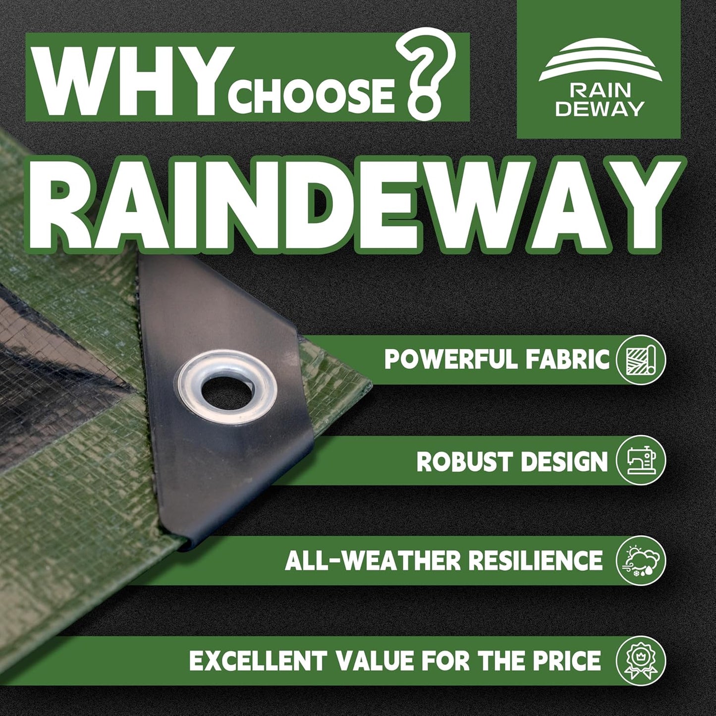 7x10 Feet Tarp Waterproof,9Mil Thick,Finished Size Tarps,UV Resistant,Durable,Multipurpose Poly Tarp Cover with Metal Grommets and Reinforced Edges,Green/Black by RAINDEWAY