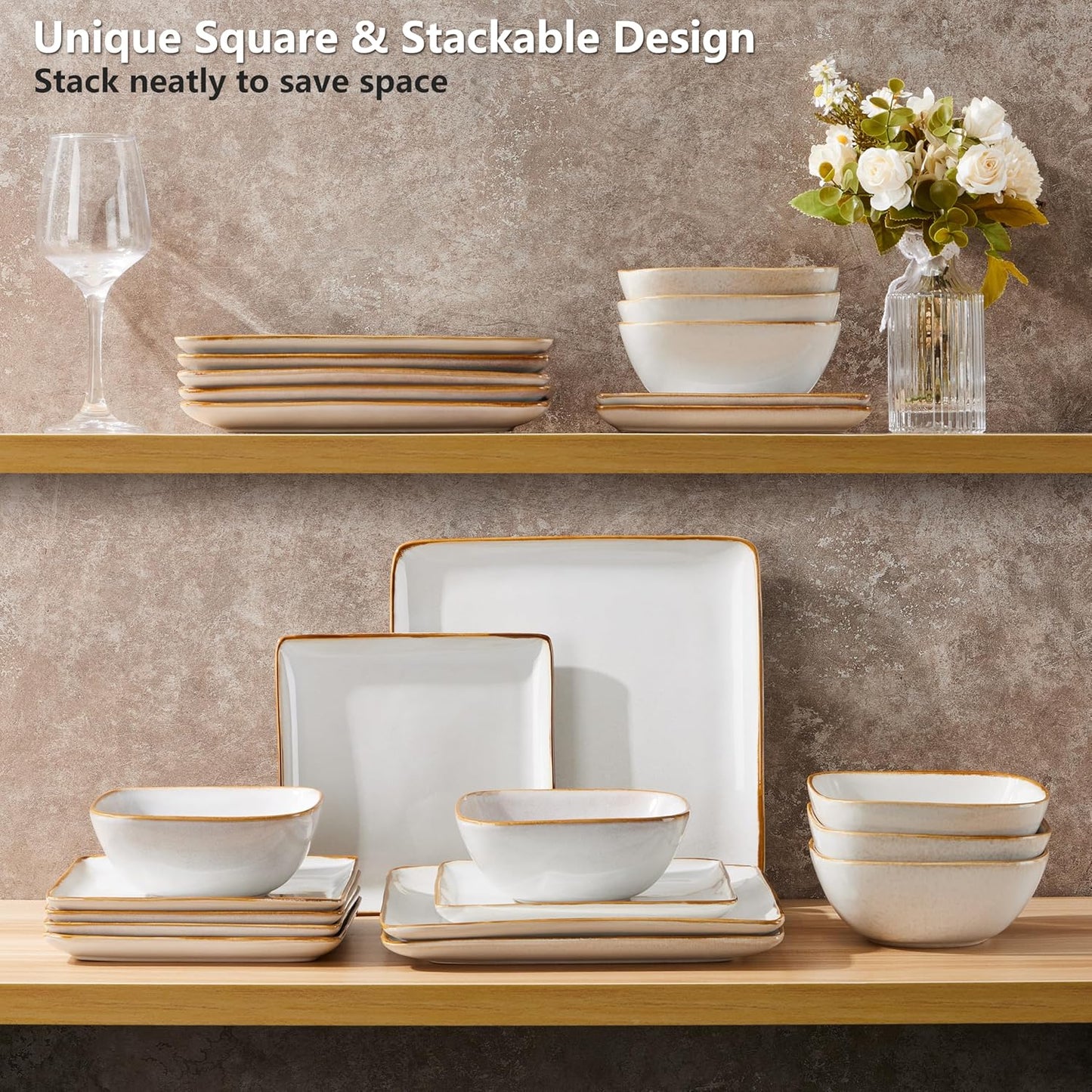 E-far Square Plates and Bowls Sets, 12-Piece Stoneware Dinnerware Sets for 4, Reactive Glaze Dish Set, Chip and Scratch Resistant, Microwave and Dishwasher Safe, Seashell White