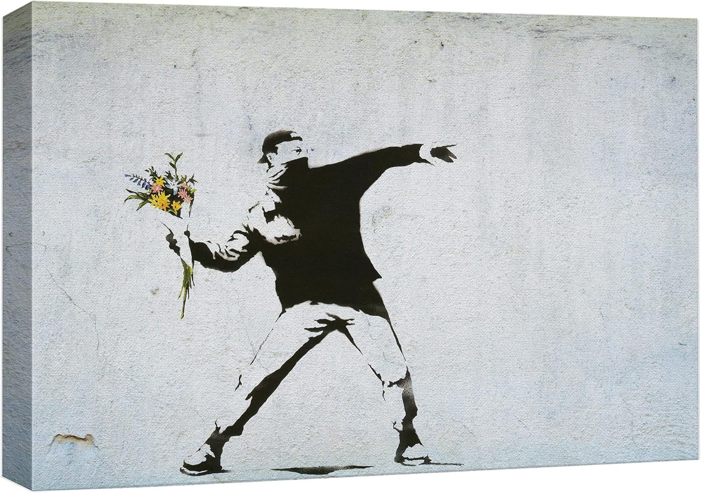 wall26 Canvas Print Wall Art Banksy Man Throws Yellow Flower Bouquet Graffiti & Street Art Pop Culture Illustrations Pop Art Bohemian Multicolor Dark for Living Room, Bedroom, Office - 16"x24"