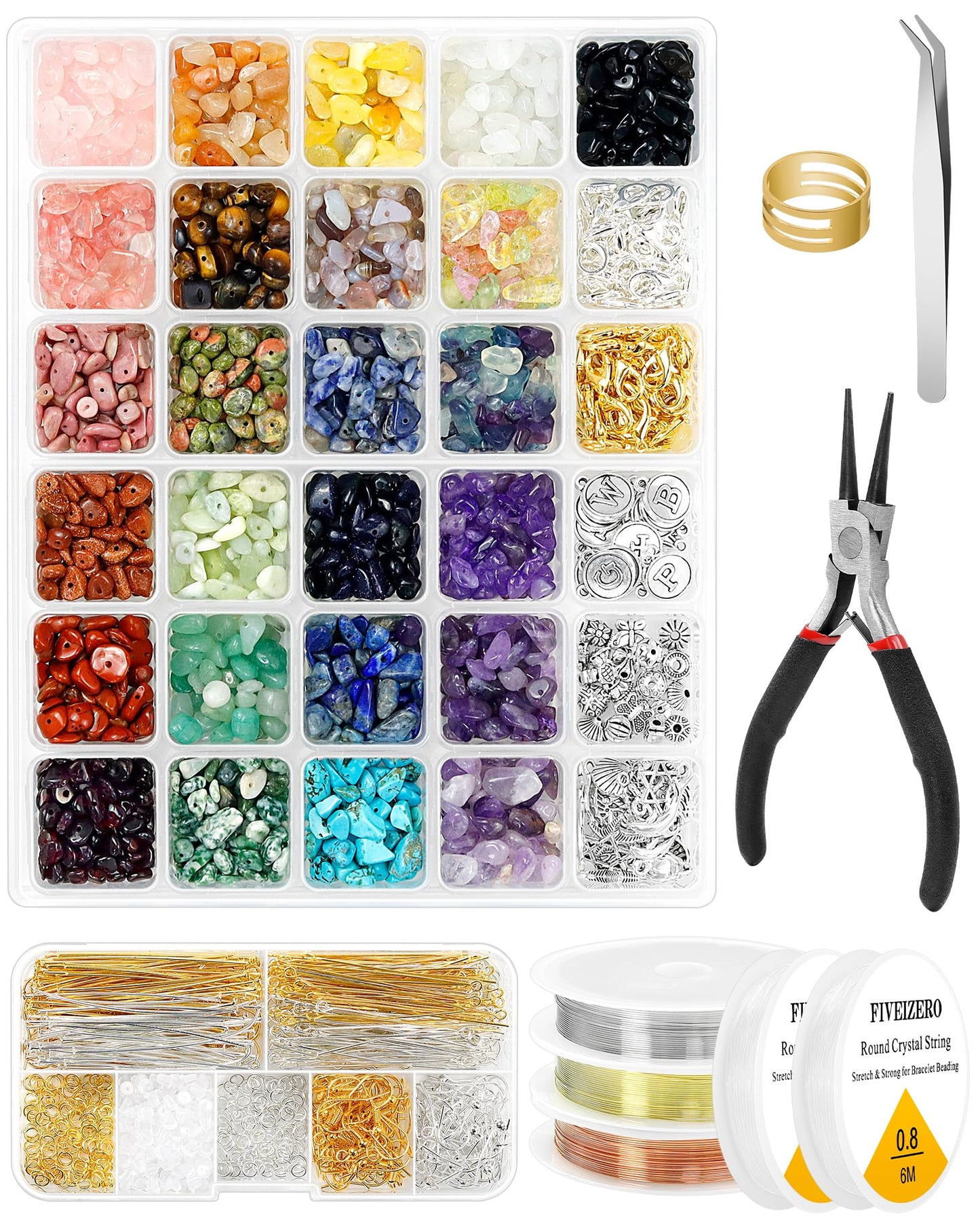 FIVEIZERO Jewelry Making Kit - 1956 PCS Natural Chip Stone Beads(25 Colors, 4-12mm) with Crystal Beads, Metal Charms, Jump Rings & Earring Hooks for DIY Bracelets, Necklaces, Earrings