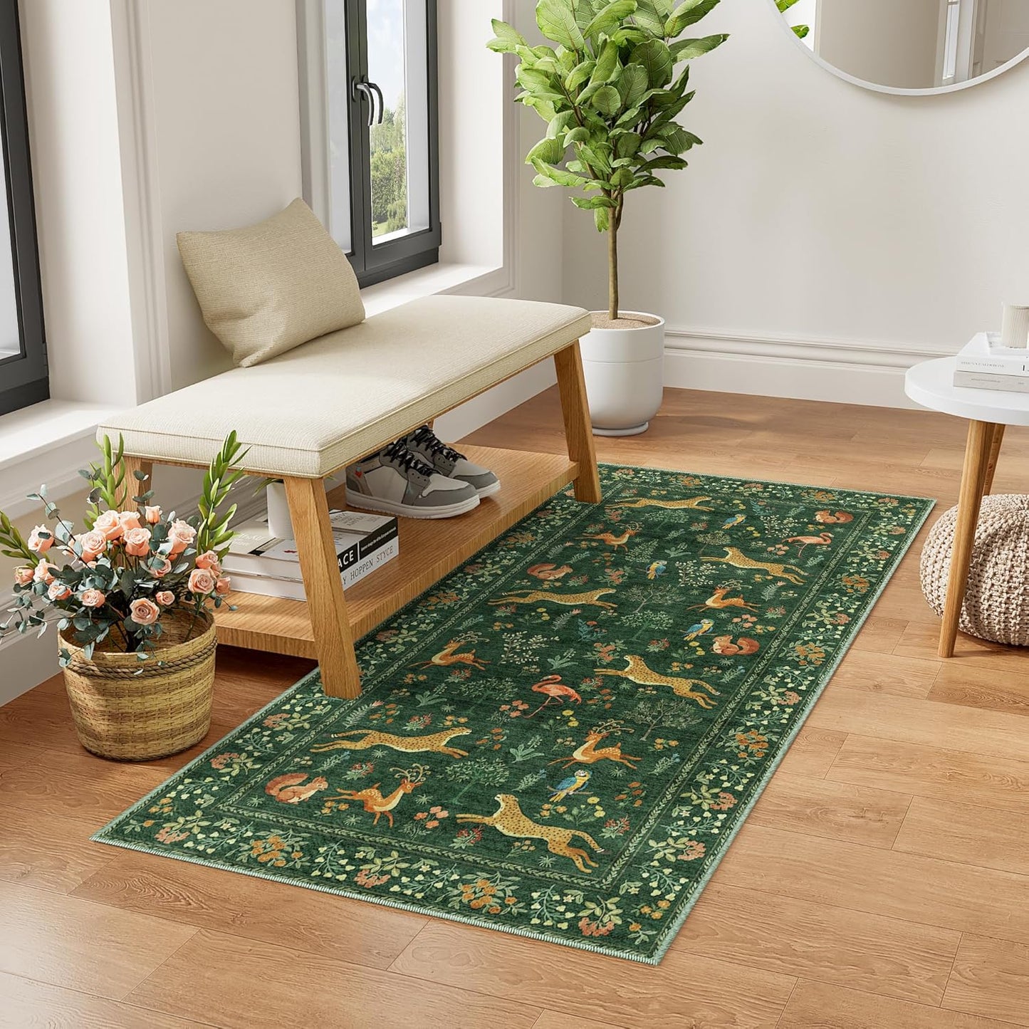 DUKINO 2x4 Rug for Hallway, Washable Kitchen Runner Rug with Non Slip Backing, Soft Low Pile Vintage Animal Runner for Bedroom, Kitchen, Hallway, Entryway, Laundry, Green
