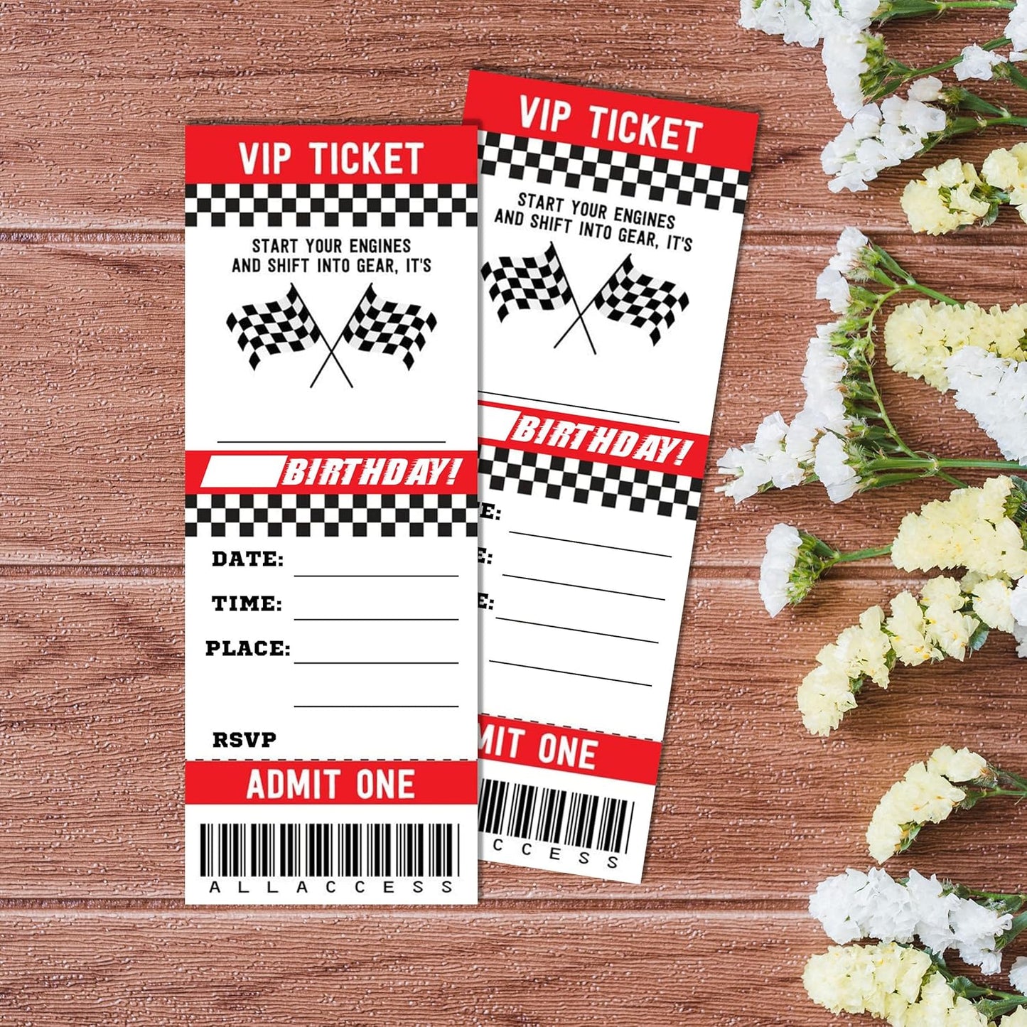 Start Your Engines Birthday Invitation with Envelopes-20 Racing Ticket Invite Cards for Racing Lovers Boys-Black and Red Birthday Cards-Party Favor & Supplies (3×8 inch)-A29