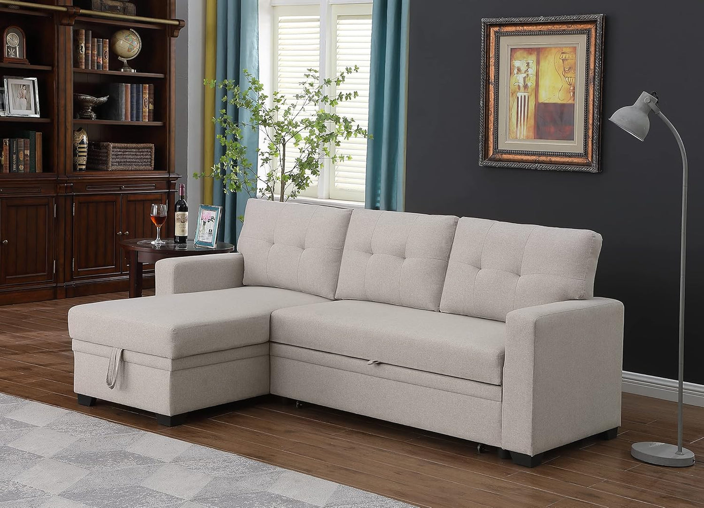 Devion Furniture Meridian 4-in-1 Convertible L Shaped Couch with Pull Out Bed and Storage, Sectional Sleeper Sofa with Reversible Chaise for Living Room, Apartment, Bedroom, Office