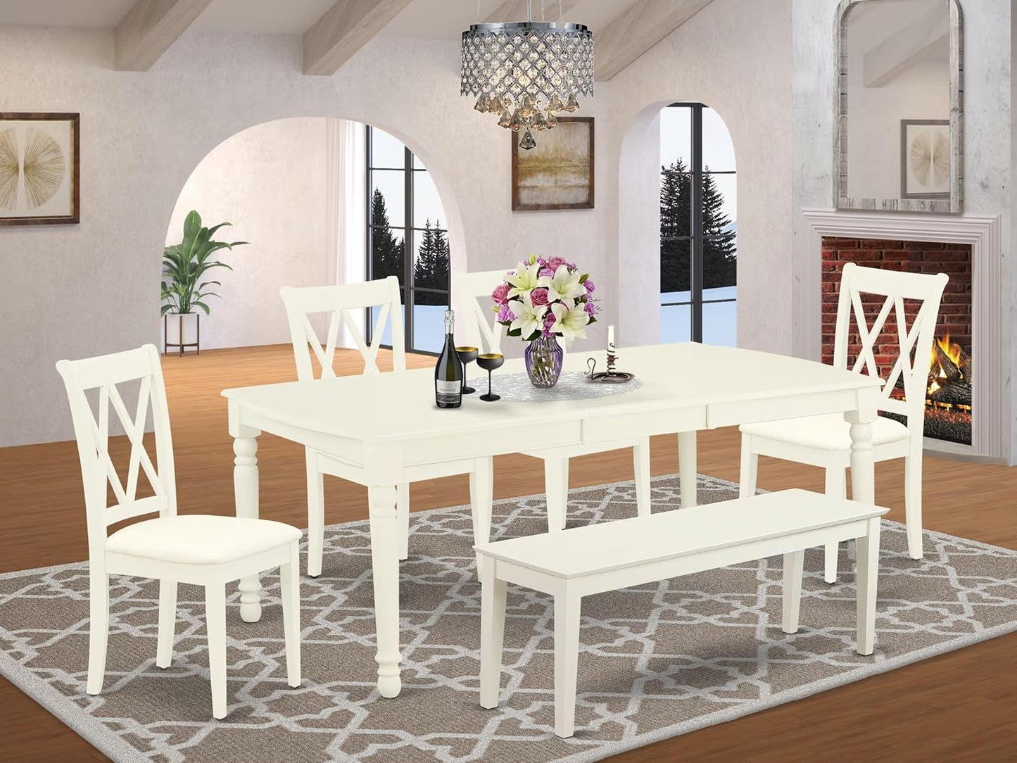 East West Furniture DOCL6-LWH-C 6 Piece Modern Dining Table Set Contains a Rectangle Wooden Table with Butterfly Leaf and 4 Linen Fabric Dining Chairs with a Bench, 42x78 Inch, Linen White