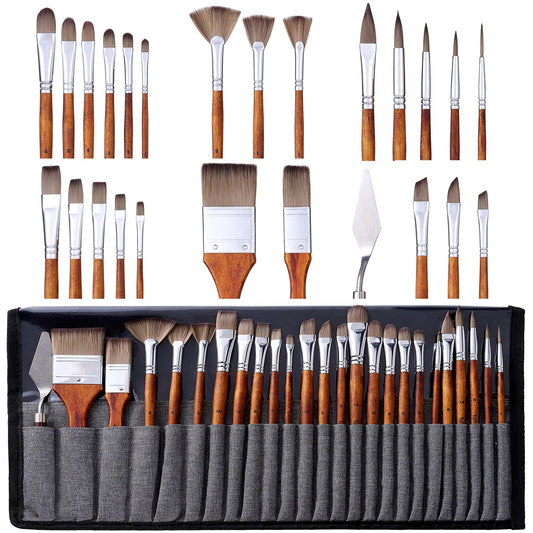 tumuarta Paint Brush Set for Oil, Watercolor, Gouache and Acrylic Painting, 24 Pieces MOP Brushes Set with Palette Knife, Synthetic Bristles, Multiple Shapes, Portable Storage Roll