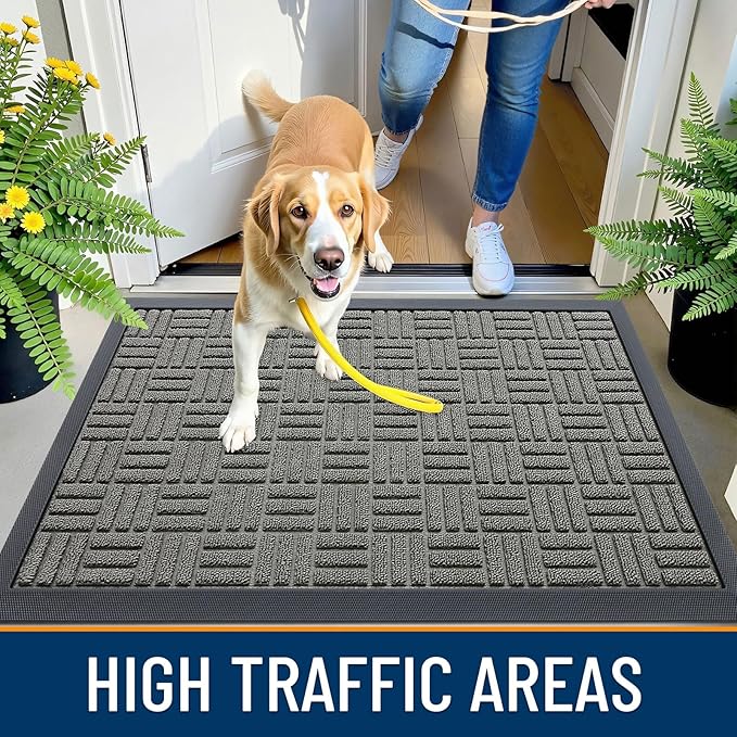 OLANLY Front Door Mat Outside Entrance 47x23, Absorbent, Heavy Duty Sturdy Natural Rubber Doormat Indoor Outdoor, Non-Slip, Stain and Fade Resistant, Low Profile Floor Mat for Entryway, Modern Gray