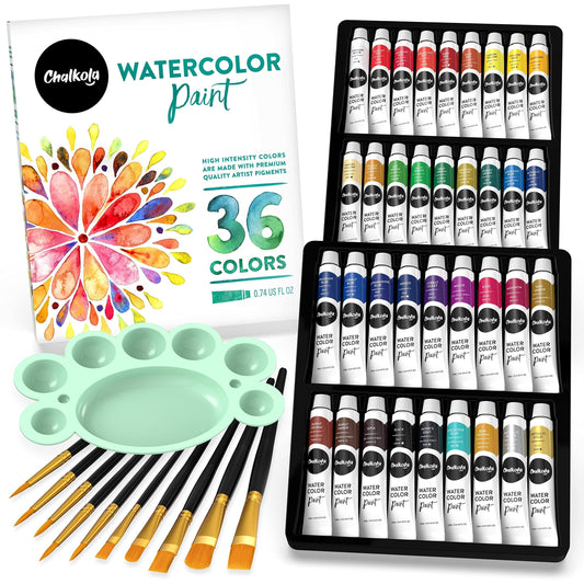 Chalkola Watercolor Paint Set for Adults & Professional Artists - 36 Watercolor Tubes Set (12ml, 0.4oz), 10 Painting Brushes & 1 Palette | Vibrant Water Color Art Painting Supplies