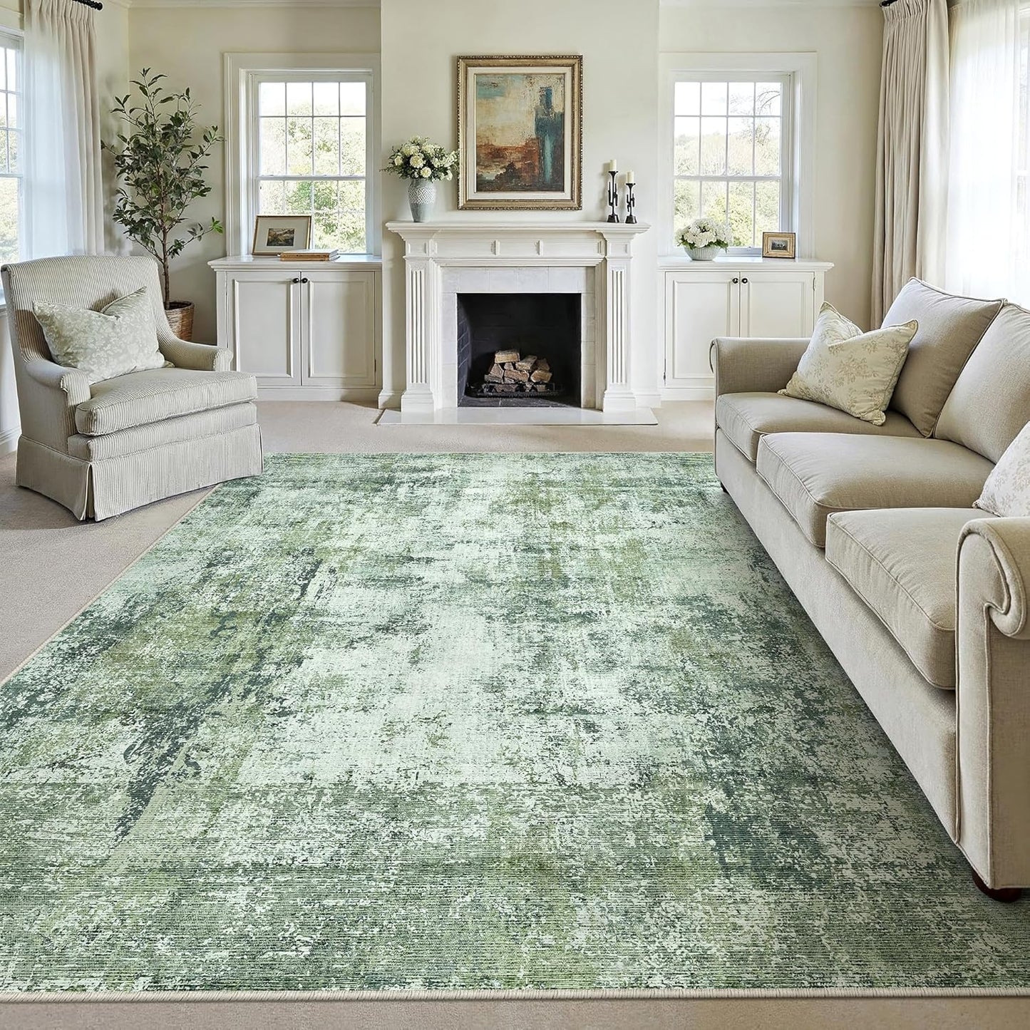 8x10 Washable Area Rug Dark Green Modern Neutral Abstract Living Room Bedroom Indoor Floor Carpet Low Pile Soft Non-Slip Lightweight Vacuumable Large Throw Rug for Nursery Dining Room