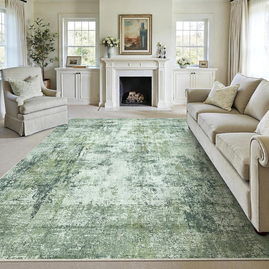 8x10 Washable Area Rug Dark Green Modern Neutral Abstract Living Room Bedroom Indoor Floor Carpet Low Pile Soft Non-Slip Lightweight Vacuumable Large Throw Rug for Nursery Dining Room